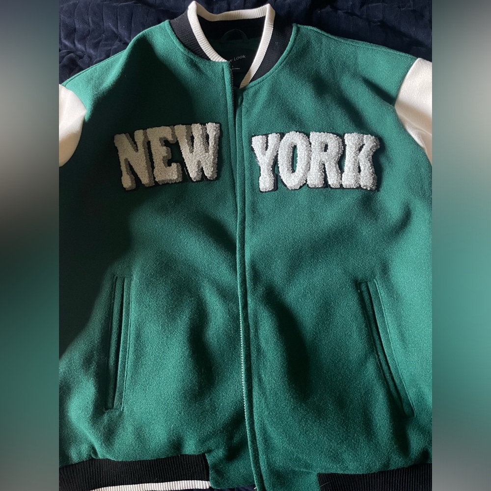 Forest Green 'New York' Varsity Jacket with White Accents
